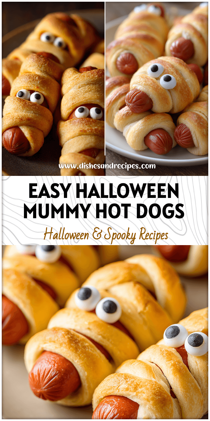 Golden baked Halloween Mummy Hot Dogs wrapped in Crescent Roll dough with candy eyes on a plate.